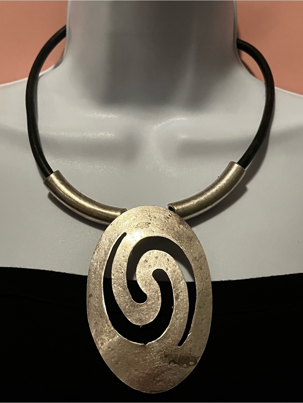 Silver-Tone Spiral Pendant Necklace with Black Cord